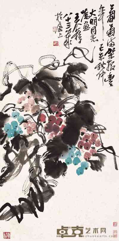 王个簃 1979年作 葡萄满架报丰年 立轴 68×34cm